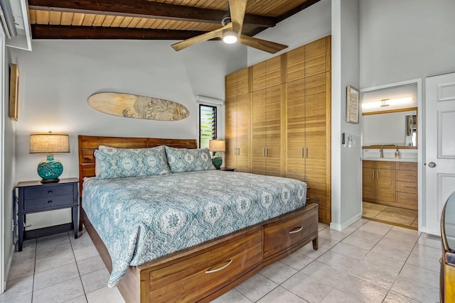 bedroom featuring vaulted ceiling with beams, ceiling fan, light tile patterned flooring, and wood ceiling