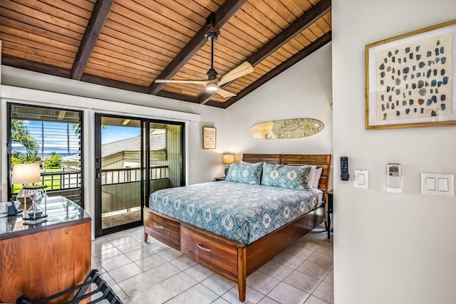 bedroom with access to exterior, vaulted ceiling with beams, ceiling fan, and wooden ceiling