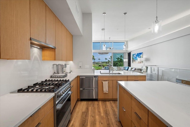 209 Holokahiki Ln Unit 103, Kihei, HI 96753 - kitchen featuring light wood finished floors, a sink, stainless steel appliances, light countertops, and extractor fan
