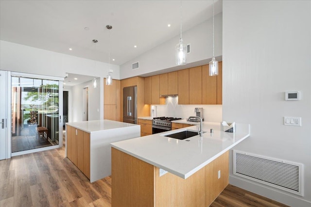 209 Holokahiki Ln Unit 103, Kihei, HI 96753 - kitchen with a sink, premium appliances, a center island, visible vents, and light wood-style flooring