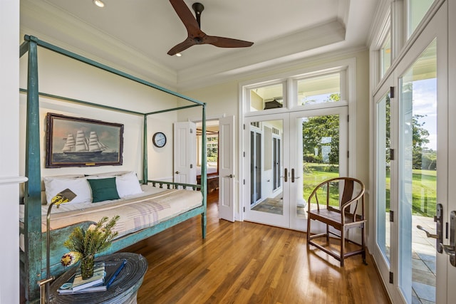 interior space featuring french doors, a raised ceiling, ceiling fan, and a healthy amount of sunlight