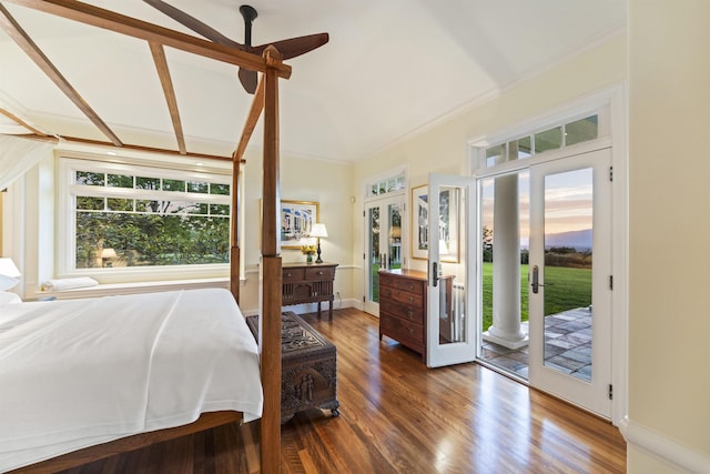 bedroom with lofted ceiling, access to outside, french doors, ceiling fan, and dark hardwood / wood-style flooring