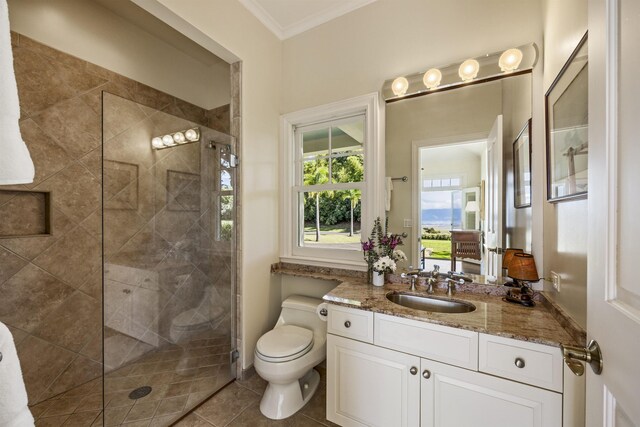 bathroom featuring vanity, tile patterned floors, toilet, ornamental molding, and a shower with shower door