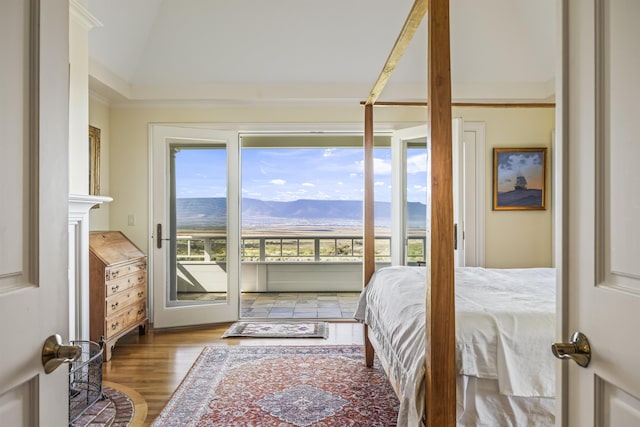 bedroom featuring access to outside, multiple windows, a mountain view, and light wood-type flooring