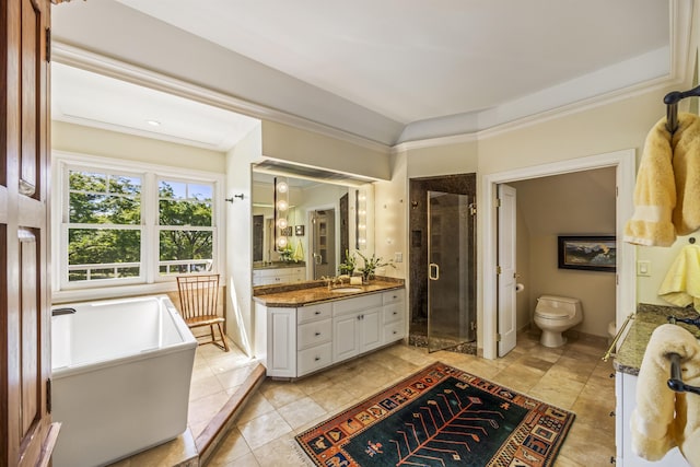 full bathroom with vanity, ornamental molding, and independent shower and bath