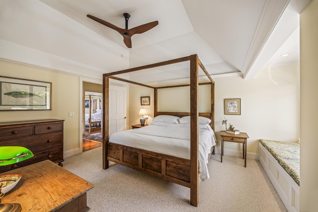 bedroom with ceiling fan, light colored carpet, and crown molding