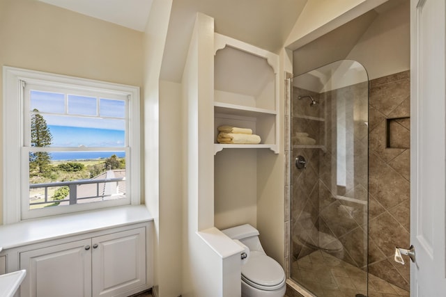 bathroom with toilet, lofted ceiling, and walk in shower