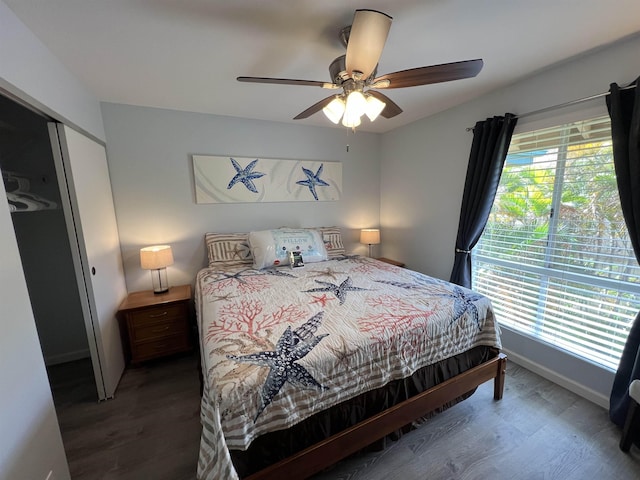 bedroom with dark hardwood / wood-style floors, a closet, and ceiling fan