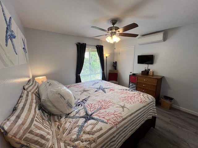 bedroom with ceiling fan, dark hardwood / wood-style flooring, and a wall mounted air conditioner