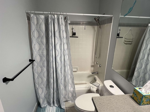 full bathroom with vanity, toilet, and shower / bathtub combination with curtain