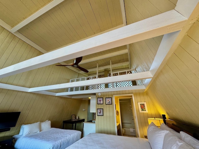 bedroom featuring wooden ceiling, wood walls, ceiling fan, high vaulted ceiling, and beam ceiling