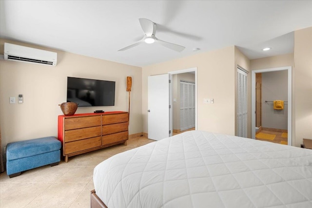 2777 S Kihei Rd Unit L-109, Kihei, HI 96753 - bedroom featuring a wall unit AC, light tile patterned flooring, a ceiling fan, recessed lighting, and ensuite bathroom
