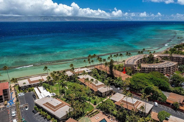 aerial view featuring a beach view and a water view