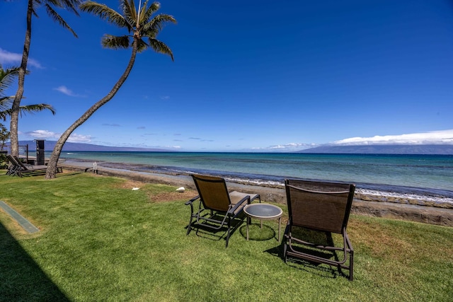 view of yard featuring a water view and a view of the beach