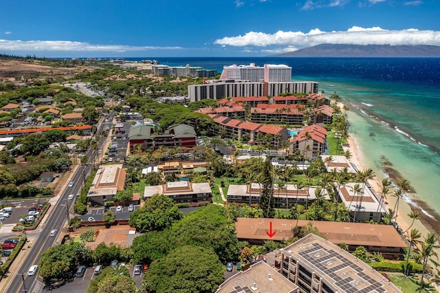 aerial view featuring a water view and a view of the beach