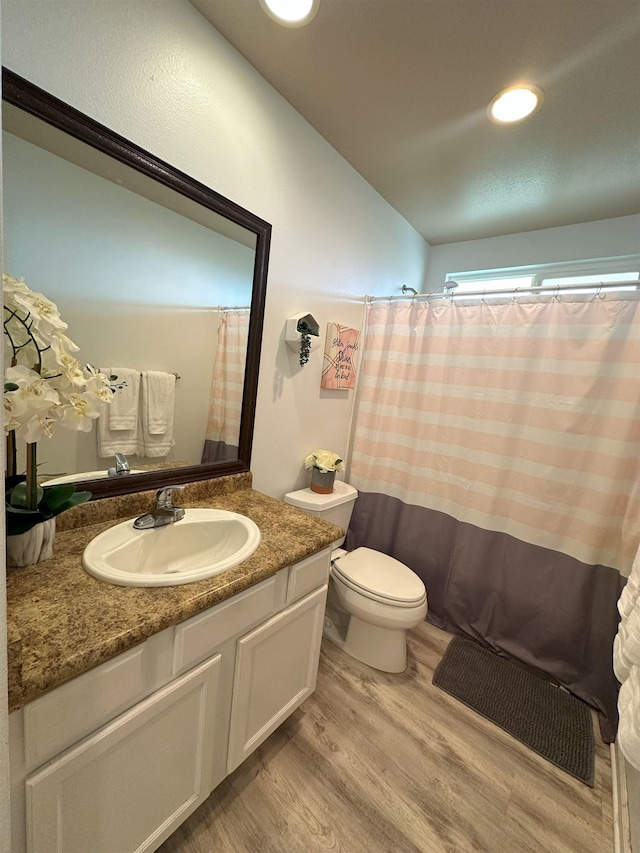 bathroom with wood-type flooring, vanity, and toilet