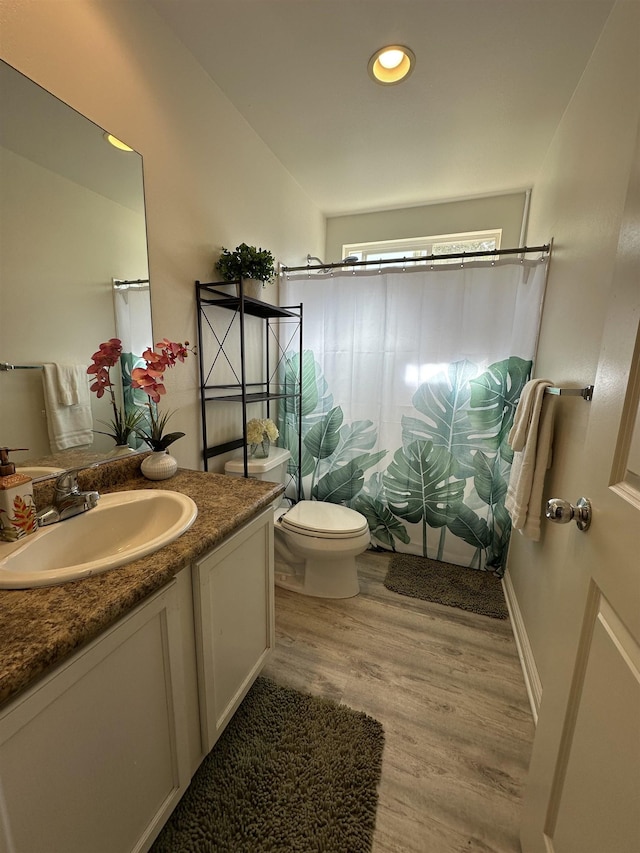 bathroom with hardwood / wood-style floors, vanity, and toilet