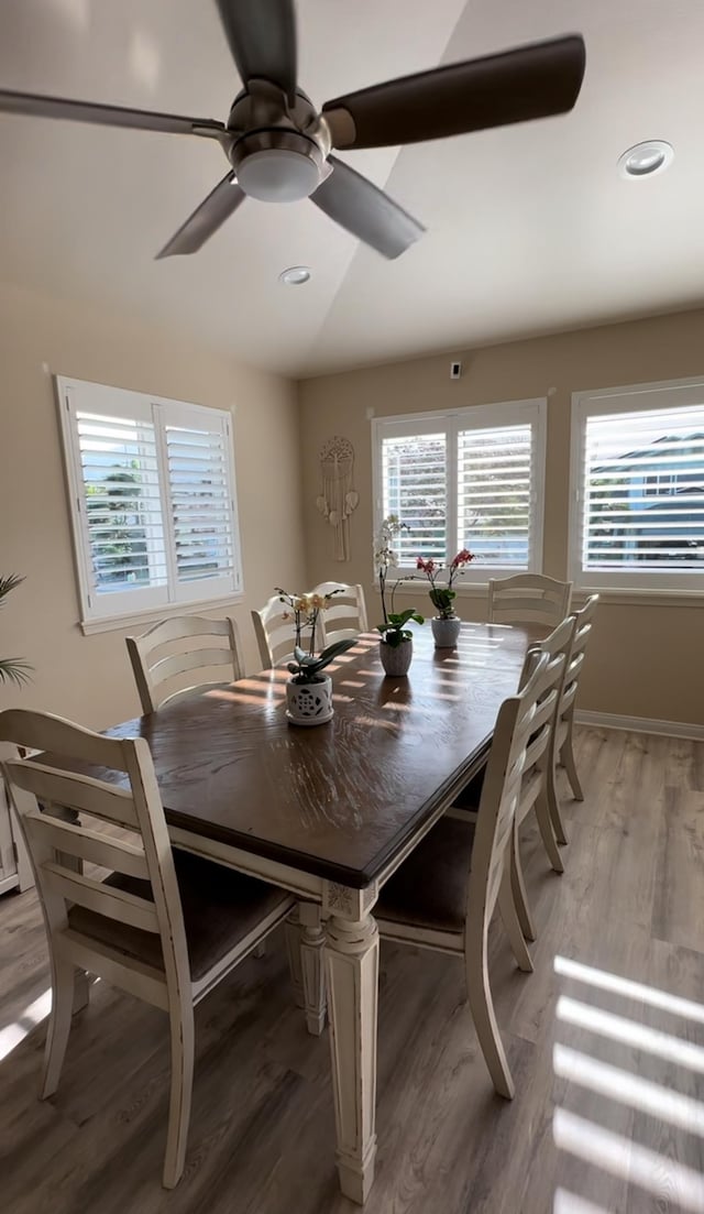 dining space with hardwood / wood-style flooring, plenty of natural light, and ceiling fan