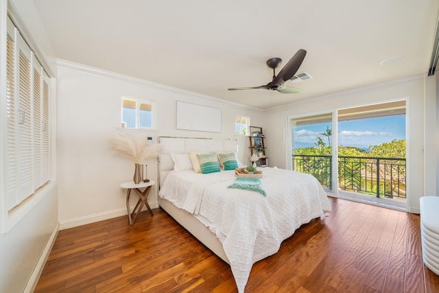 bedroom featuring ceiling fan, dark hardwood / wood-style floors, ornamental molding, and access to outside