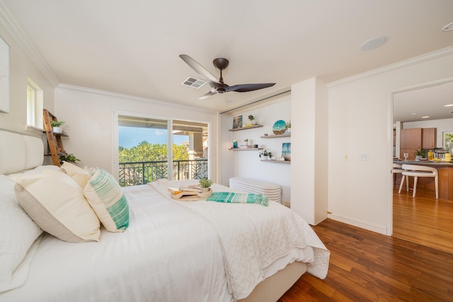 bedroom with access to exterior, dark hardwood / wood-style floors, ceiling fan, and ornamental molding