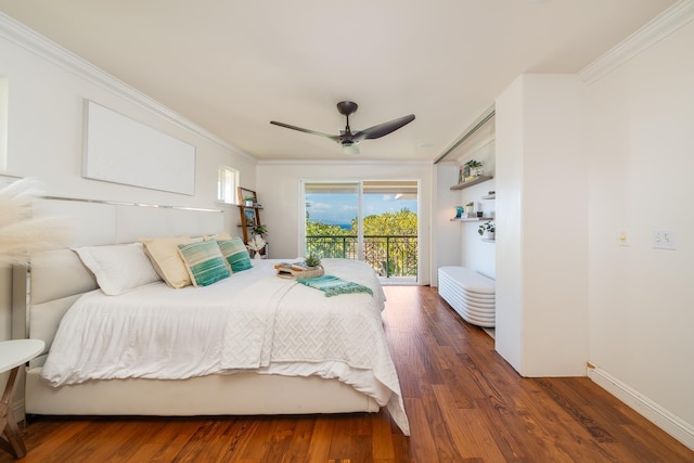 bedroom featuring ceiling fan, access to exterior, dark hardwood / wood-style flooring, and crown molding