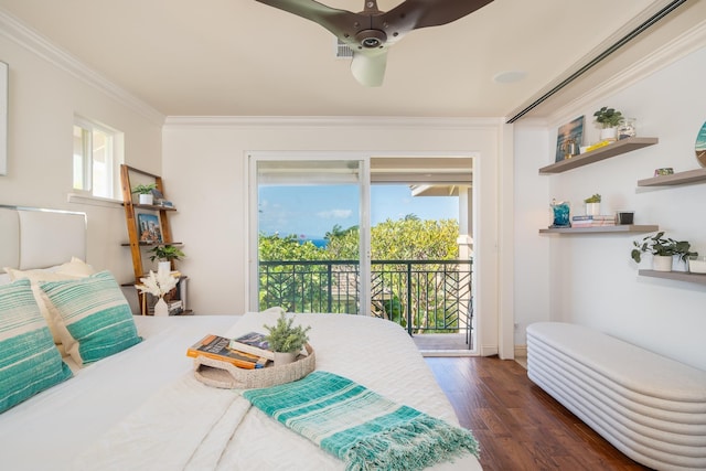 bedroom featuring access to exterior, ceiling fan, crown molding, and multiple windows