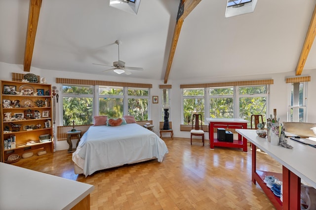 bedroom featuring beamed ceiling, ceiling fan, light parquet flooring, and a skylight