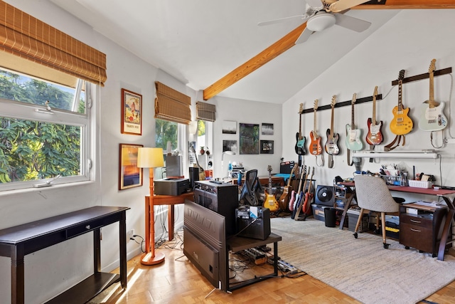 interior space with vaulted ceiling with beams and ceiling fan