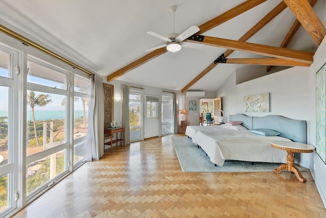 bedroom featuring ceiling fan, light parquet floors, and multiple windows