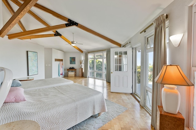 bedroom with access to outside, ceiling fan, light parquet floors, and lofted ceiling with beams