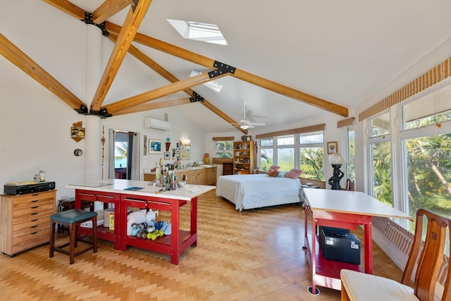 bedroom with a wall mounted air conditioner, high vaulted ceiling, light parquet floors, a skylight, and beamed ceiling