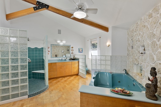 full bathroom featuring vanity, high vaulted ceiling, separate shower and tub, toilet, and beamed ceiling