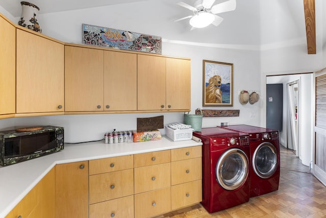 laundry room with washer and dryer, ceiling fan, cabinets, and light wood-type flooring