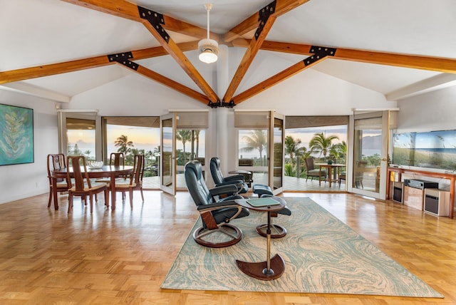 living room featuring beam ceiling, light parquet flooring, and high vaulted ceiling