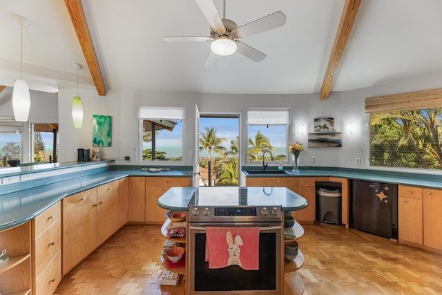 kitchen with plenty of natural light, beam ceiling, and sink