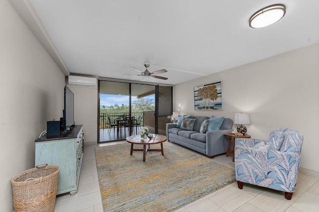 living room with expansive windows, ceiling fan, and a wall unit AC