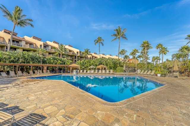 view of pool with a gazebo and a patio