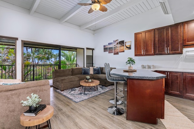 3788 Lower Honoapiilani Rd Unit C102, Lahaina, HI 96761 - living room featuring light wood-type flooring, a ceiling fan, and beam ceiling