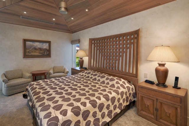 bedroom featuring ceiling fan, light colored carpet, wood ceiling, and lofted ceiling