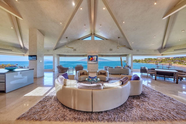 living room featuring high vaulted ceiling, beam ceiling, a water view, and ceiling fan