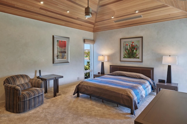 carpeted bedroom featuring high vaulted ceiling, ceiling fan, and wooden ceiling