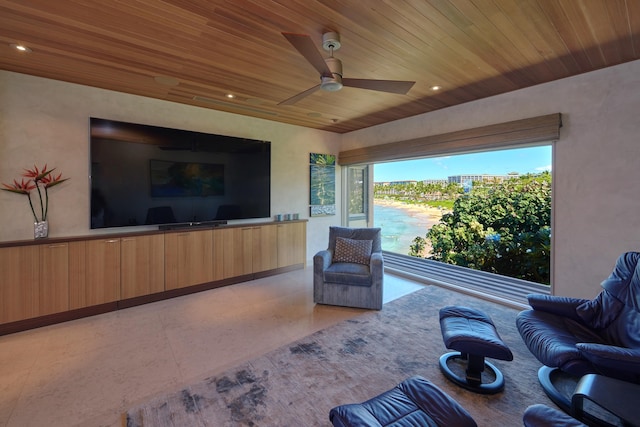 living room with ceiling fan and wooden ceiling