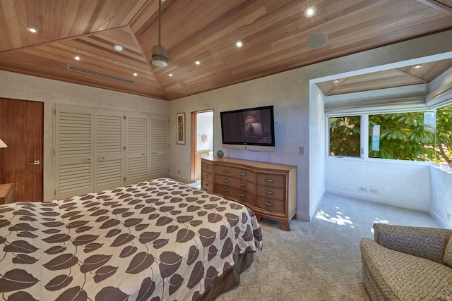 carpeted bedroom with ceiling fan, lofted ceiling, and wooden ceiling