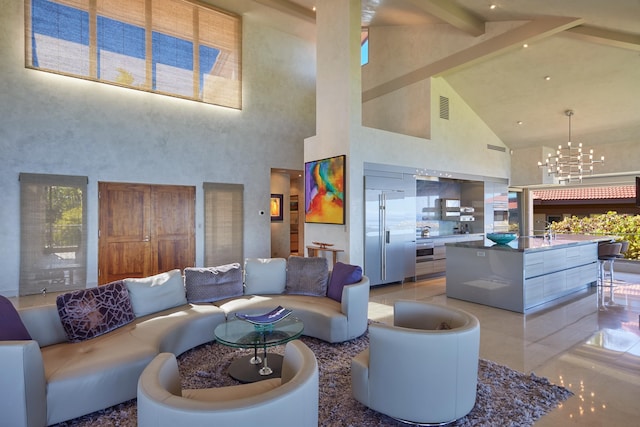 living room with light tile patterned floors, a chandelier, beam ceiling, and high vaulted ceiling