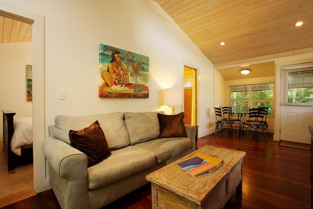 living room with wooden ceiling, dark wood-type flooring, and vaulted ceiling