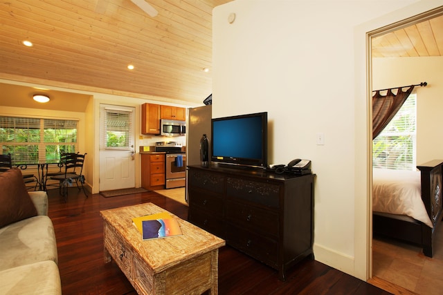living room with wooden ceiling, dark hardwood / wood-style flooring, and vaulted ceiling