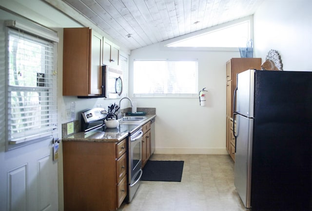 kitchen featuring appliances with stainless steel finishes, lofted ceiling, and sink