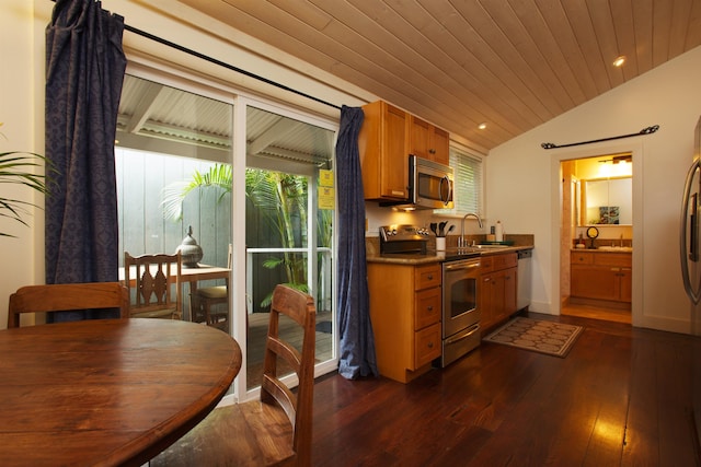 kitchen featuring vaulted ceiling, sink, wood ceiling, appliances with stainless steel finishes, and dark hardwood / wood-style flooring