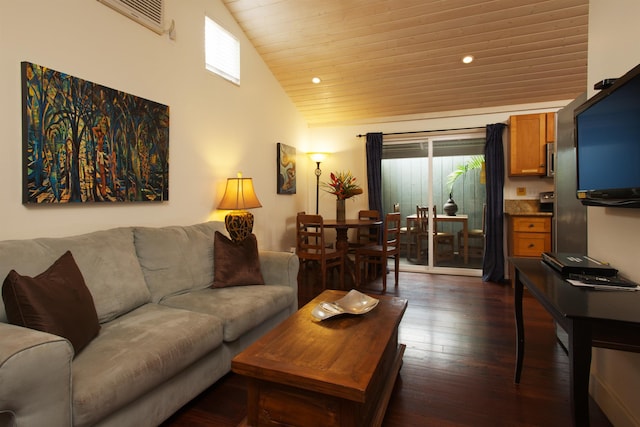 living room featuring high vaulted ceiling, wooden ceiling, and dark hardwood / wood-style flooring