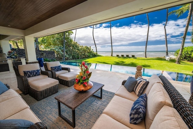 view of patio featuring a water view and an outdoor hangout area